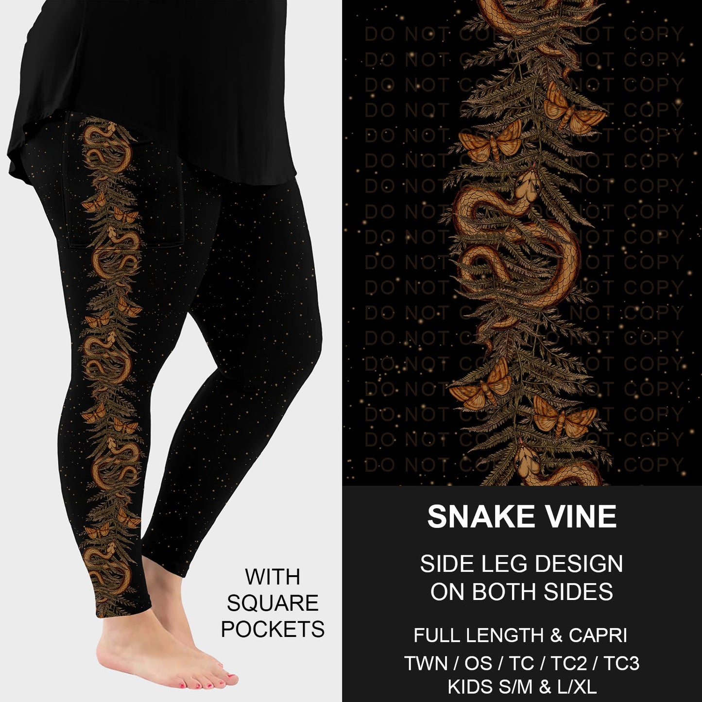 B249 - Preorder Snake Vine Side Design Leggings w/ Pockets (Closes 8/31. ETA: late Oct.)