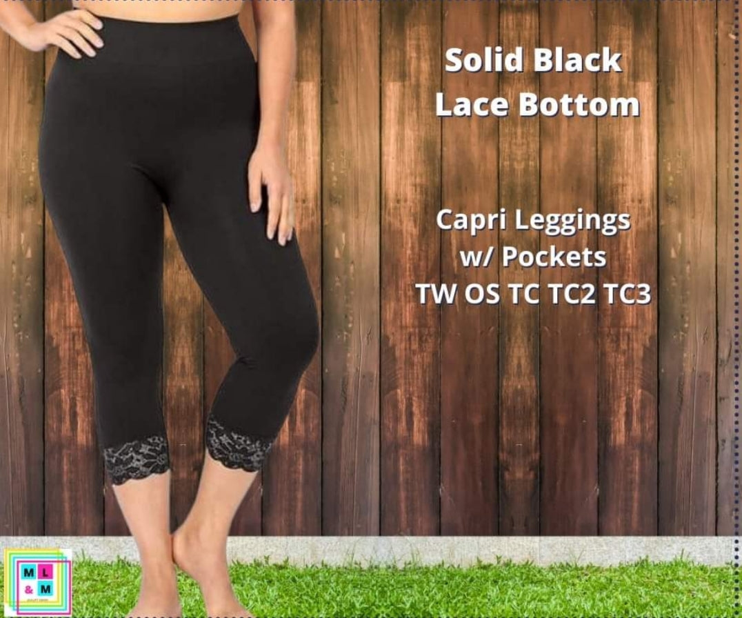 Black Lace Bottom Capri Leggings w/ Pockets - Alonna's Legging Land