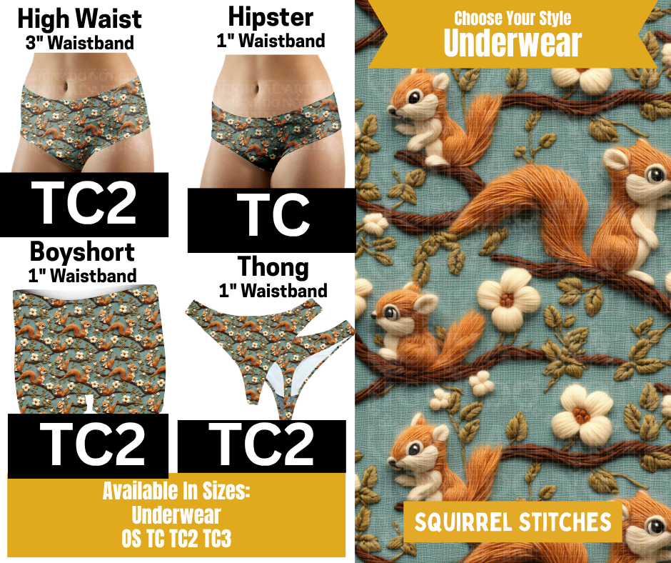 Squirrel Stitches Hipster, High Waist, Boyshort, & Thong Underwear