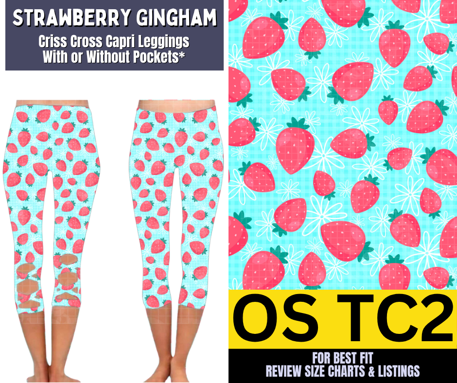 Strawberry Gingham Criss Cross Capri w/ Pockets - Alonna's Legging Land