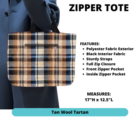Tan Wool Tartan Zipper Tote - Alonna's Legging Land
