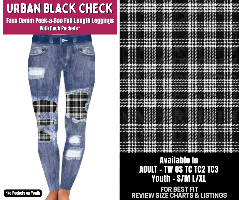 Preorder! Closes 8/6. ETA Nov. Urban Black Check Full Length Faux Denim Peekaboo