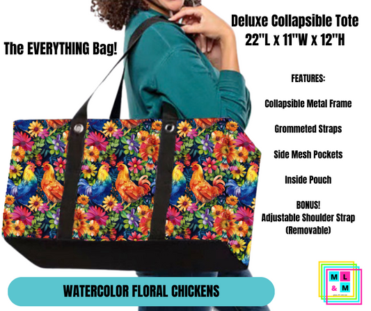 Watercolor Floral Chickens Collapsible Tote - Alonna's Legging Land