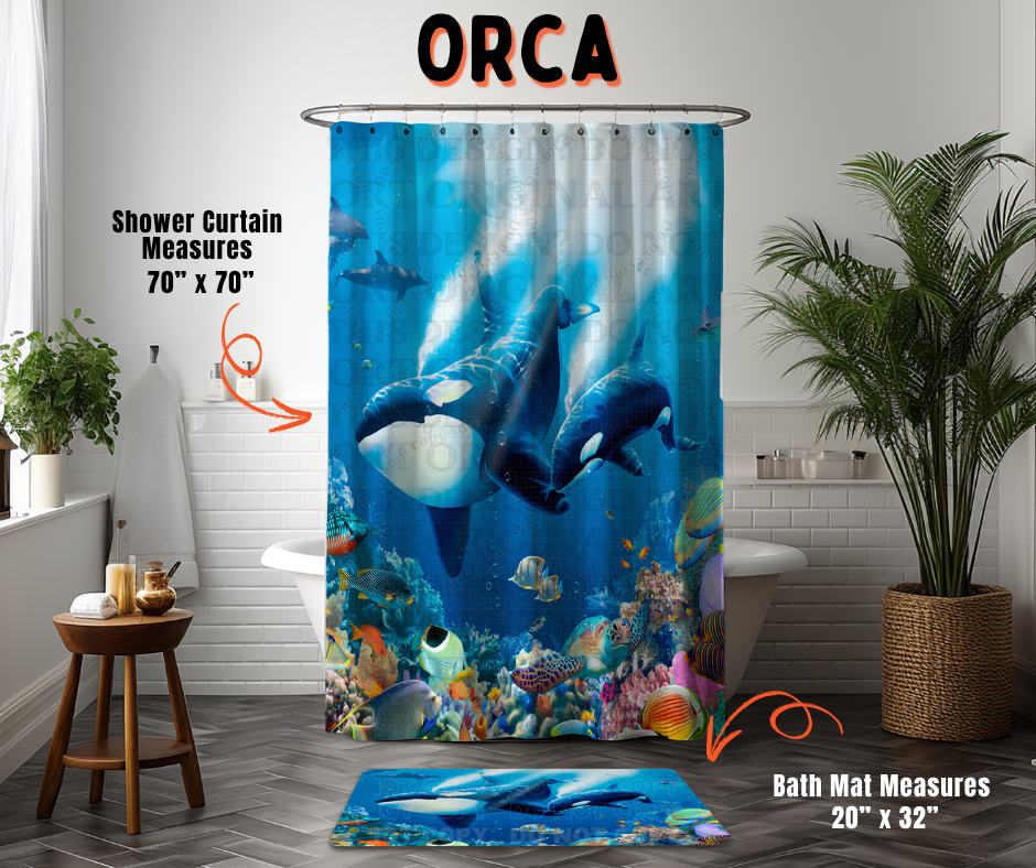 Preorder! Closes 6/10. ETA Sept. Orca Custom Shower Curtain and/or Bath Mat