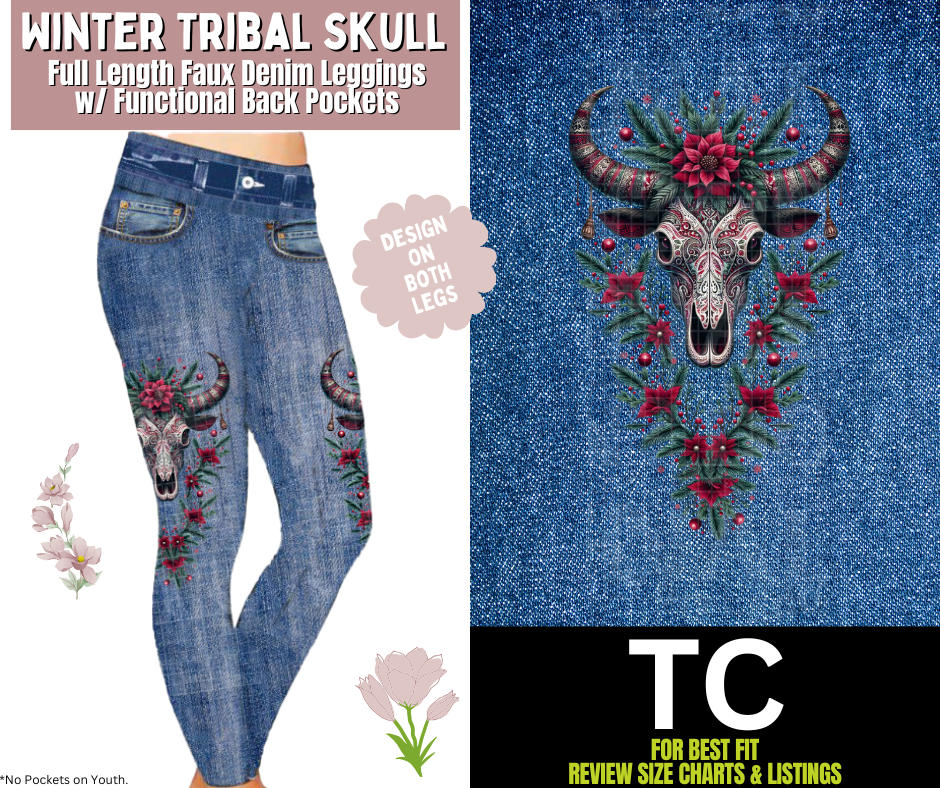 Winter Tribal Skull Full Length Faux Denim w/ Side Leg Designs