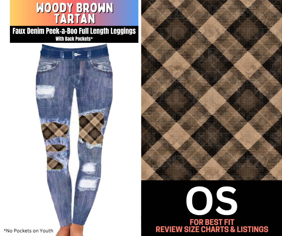 Woody Brown Tartan Faux Denim Full Length Peekaboo Leggings
