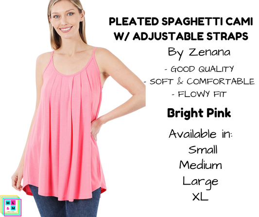 Pleated Spaghetti Strap Cami - Bright Pink