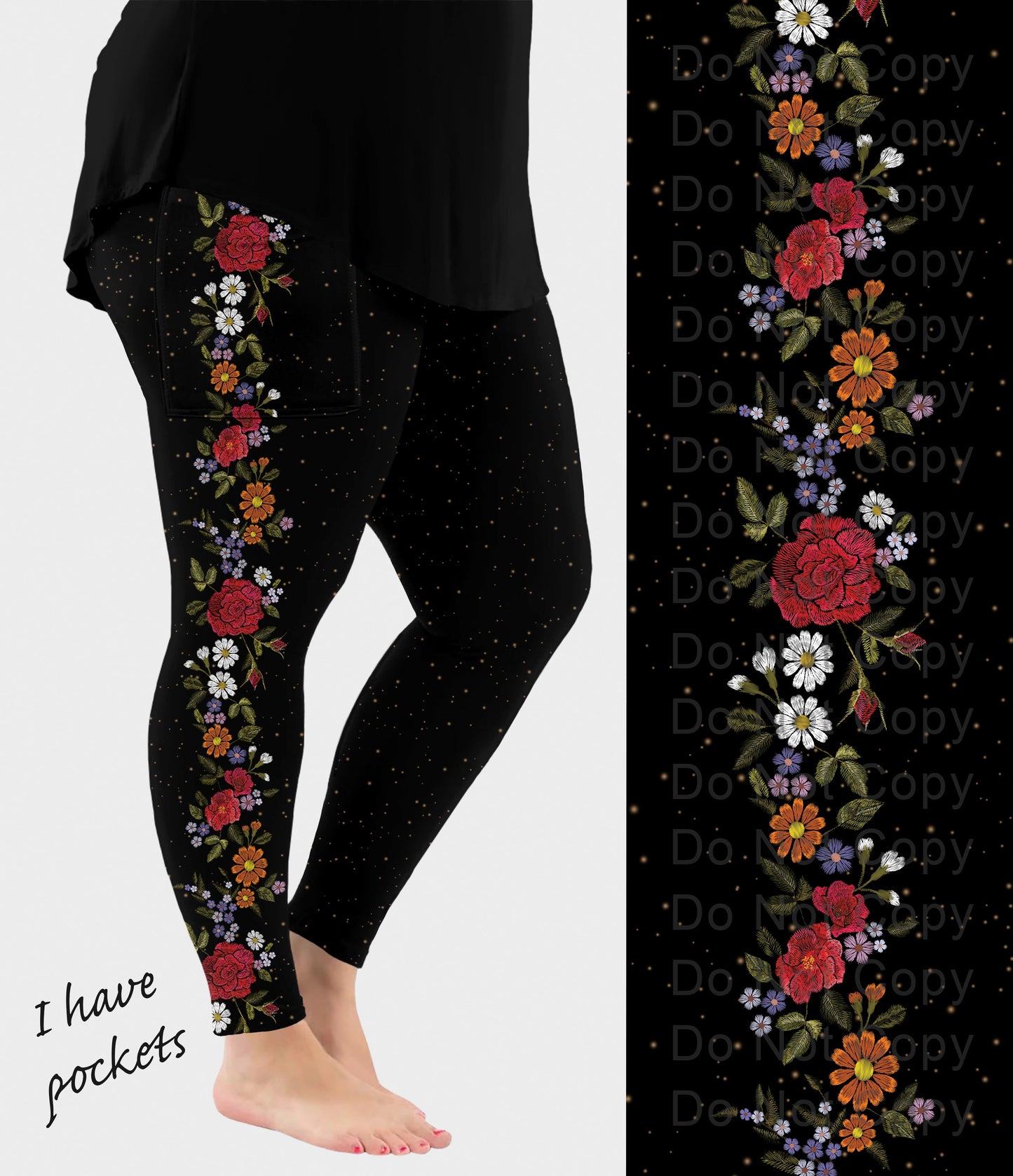 RTS - Floral Vine Side Design Leggings w/ Pockets