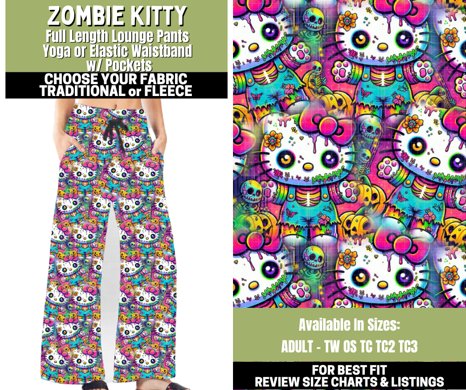 Preorder! Closes 11/6. ETA Jan. Zombie Kitty Lounge Pants Choose Fleece or Traditional