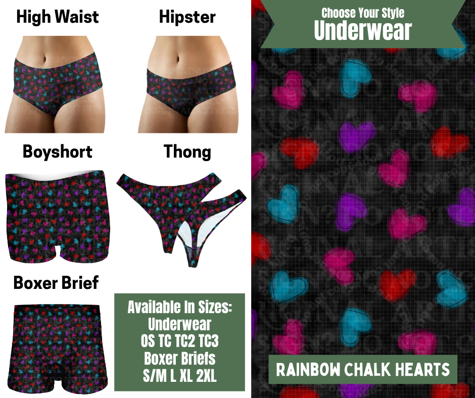 Preorder! Closes 11/24. ETA Jan. Rainbow Chalk Hearts Hipster, High Waist, Boyshort, & Thong Underwear & Boxer Briefs