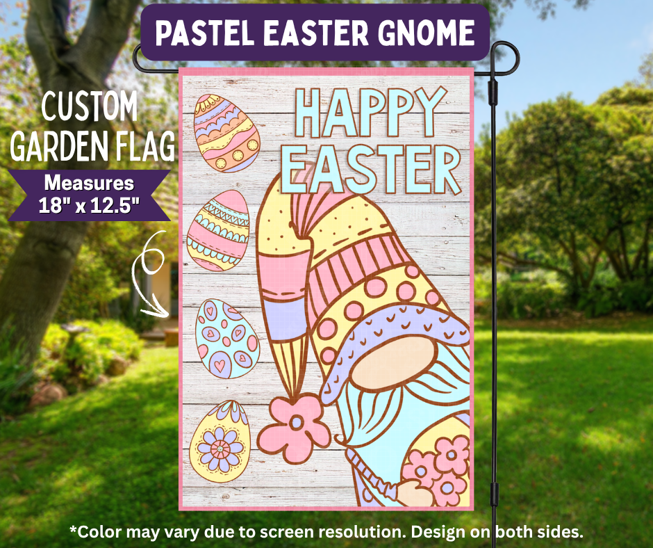 Preorder! Closes 11/9. ETA Feb. Pastel Easter Gnome Garden Flag