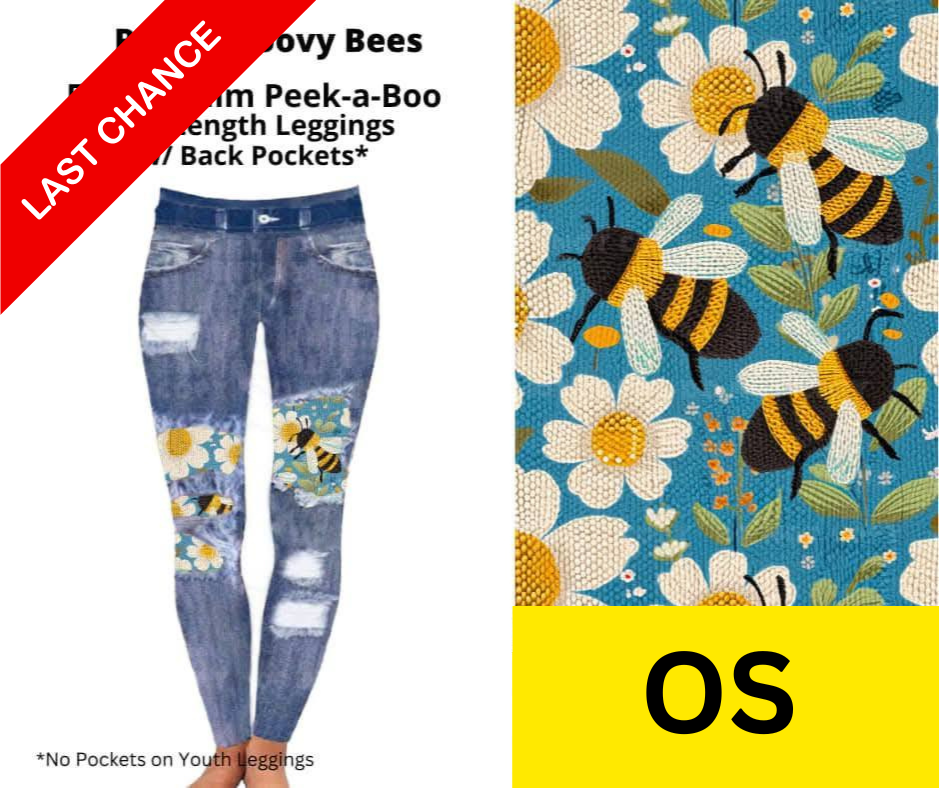 Retro Groovy Bees Faux Denim Full Length Peekaboo Leggings