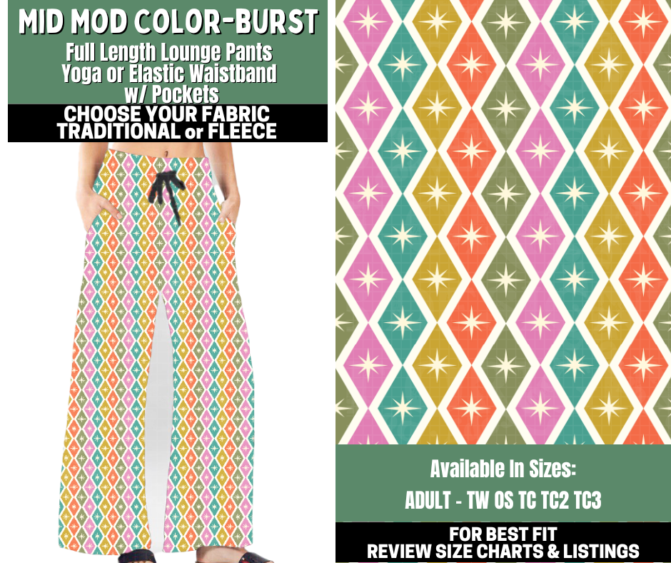Preorder! Closes 12/4. ETA Feb. Mid Mod Color-Burst Lounge Pants Choose Fleece or Traditional