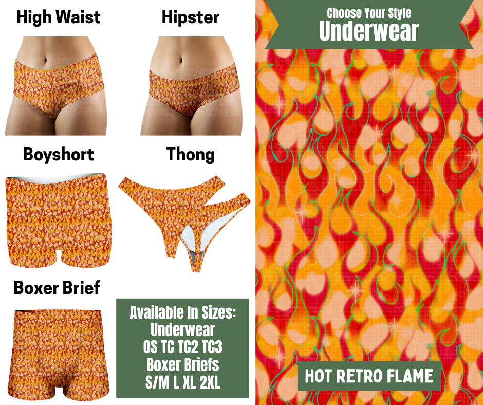 Preorder! Closes 11/24. ETA Jan. Hot Retro Flame Hipster, High Waist, Boyshort, & Thong Underwear & Boxer Briefs
