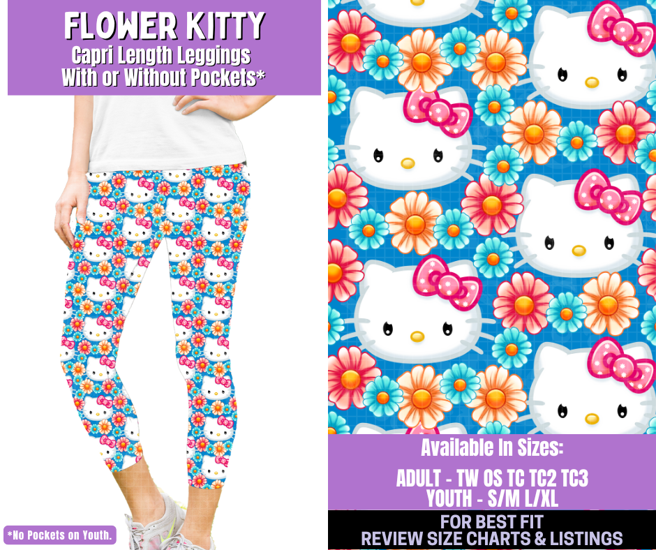 Preorder! Closes 1/5. ETA March. Flower Kitty Capri Length Leggings w/wo Pockets