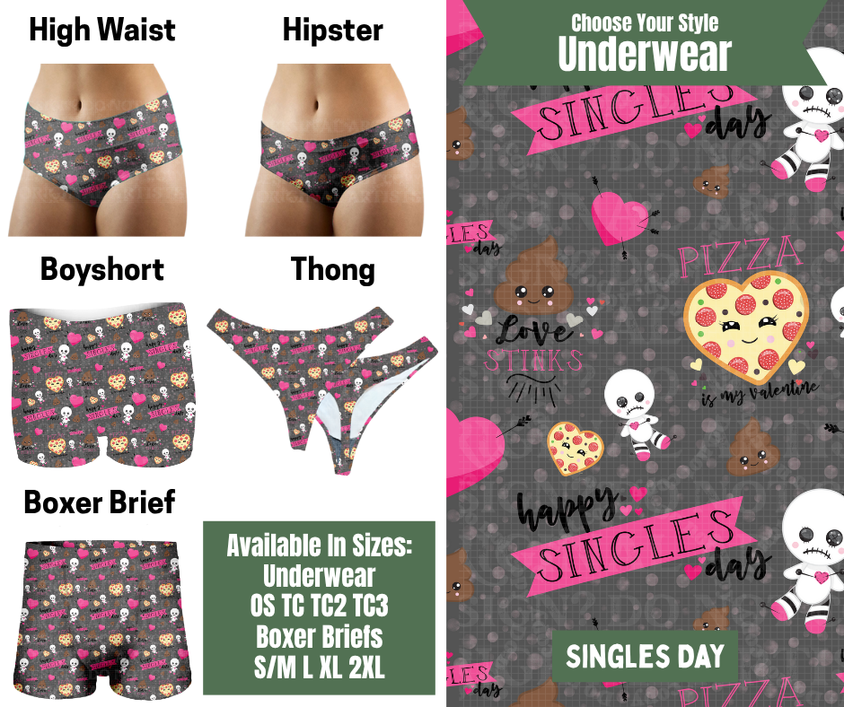 Preorder! Closes 11/24. ETA Jan. Singles Day Hipster, High Waist, Boyshort, & Thong Underwear & Boxer Briefs