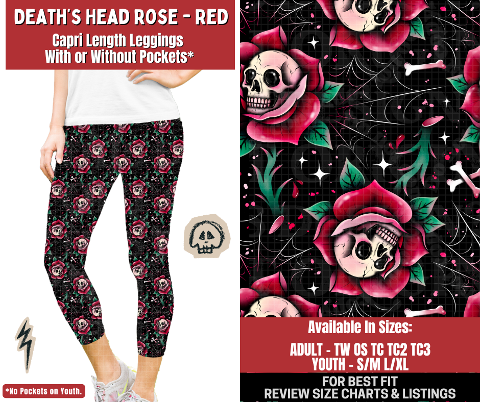 Preorder! Closes 12/22. ETA March. Death's Head Rose - Red Capri Length Leggings w/wo Pockets