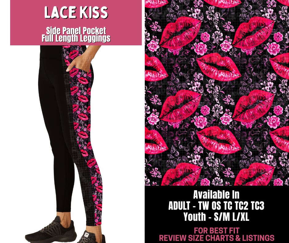 Preorder! Closes 11/10. ETA Jan. Lace Kiss Side Panel Pocket Full Length Leggings