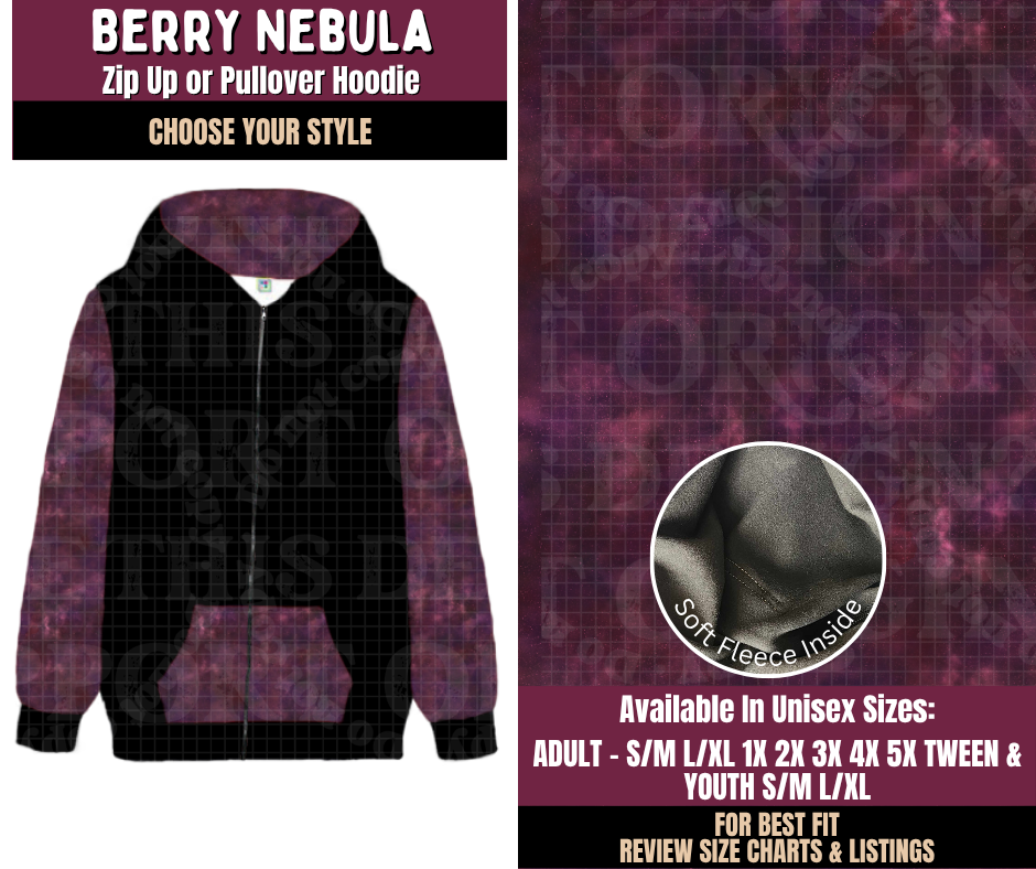 Preorder! Closes 11/11. ETA Feb. Berry Nebula Zip-Up or Pullover Hoodie