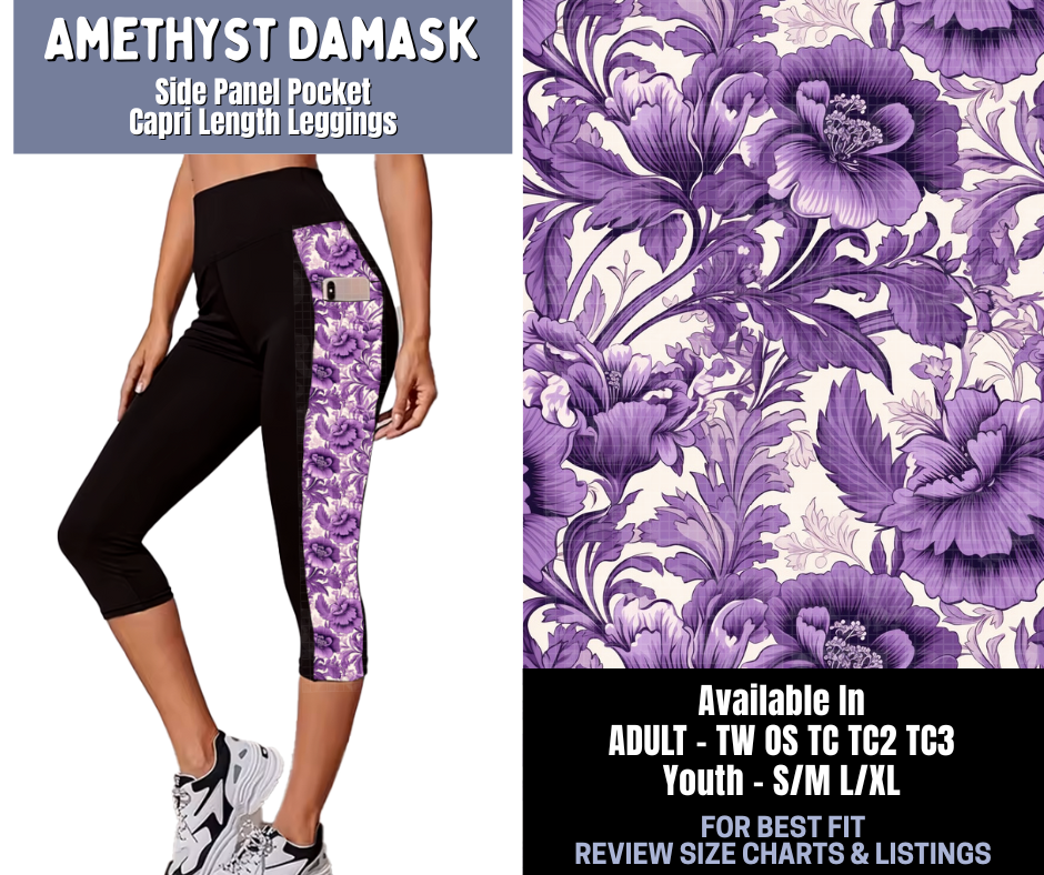 Preorder! Closes 1/8. ETA March. Amethyst Damask Side Panel Pocket Capri Length Leggings