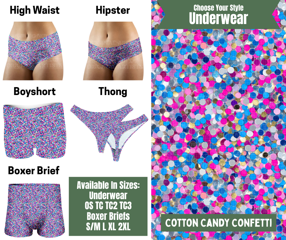 Preorder! Closes 11/24. ETA Jan. Cotton Candy Confetti Hipster, High Waist, Boyshort, & Thong Underwear & Boxer Briefs