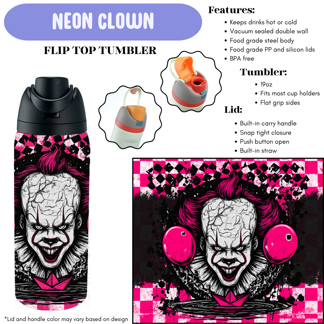 Preorder! Closes 12/11. ETA Feb. Neon Clown Flip Top Tumbler