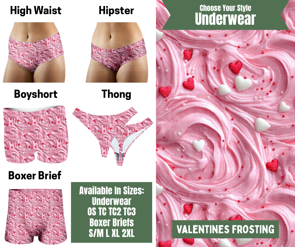 Preorder! Closes 11/24. ETA Jan. Valentine's Frosting Hipster, High Waist, Boyshort, & Thong Underwear & Boxer Briefs
