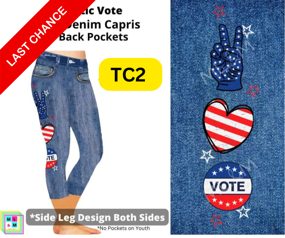 Patriotic Vote Capri Faux Denim w/ Side Leg Designs - Alonna's Legging Land