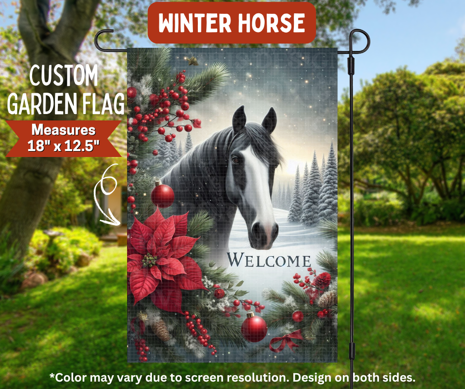 Preorder! Closes 8/10. ETA Nov. Winter Horse Garden Flag