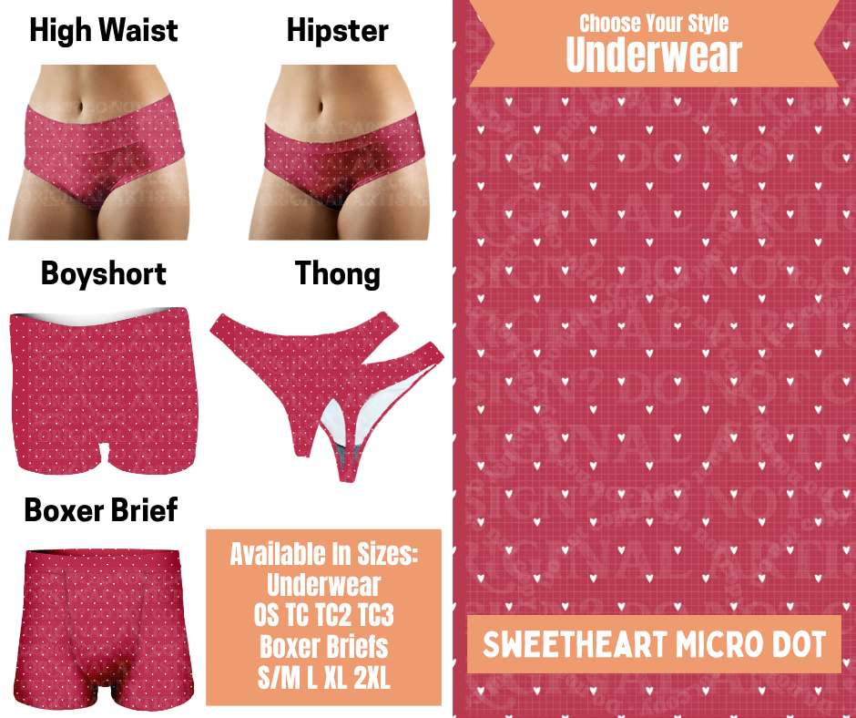 Preorder! Closes 11/5. ETA Feb. Sweetheart Micro Dot Hipster, High Waist, Boyshort, & Thong Underwear & Boxer Briefs