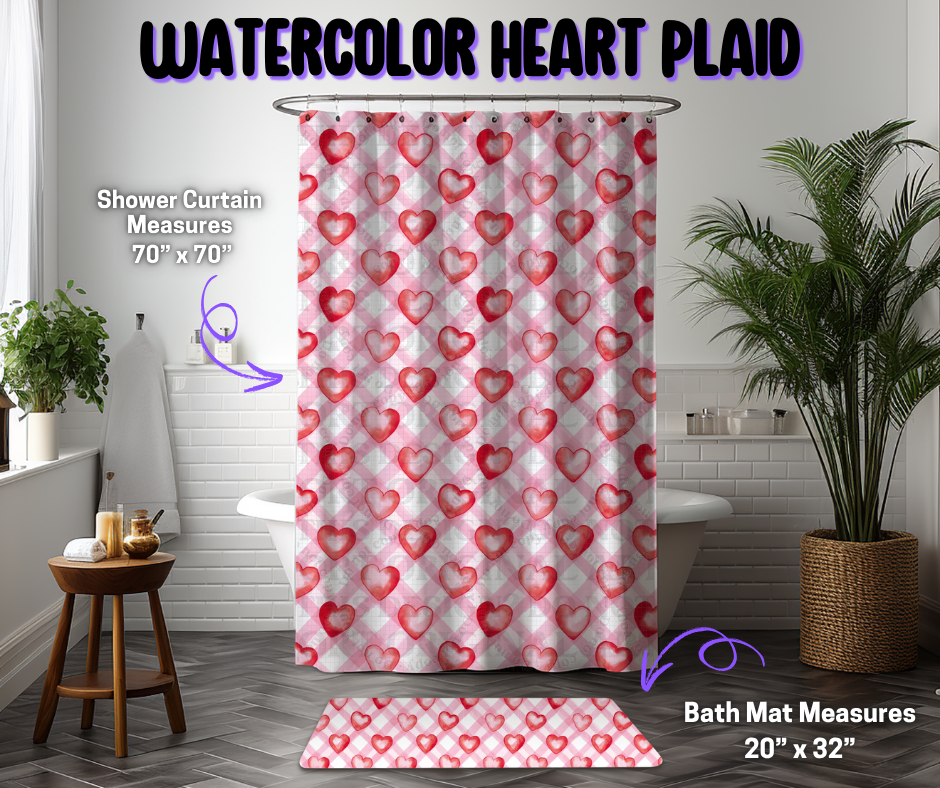 Preorder! Closes 12/8. ETA March. Watercolor Heart Plaid Custom Shower Curtain and/or Bath Mat