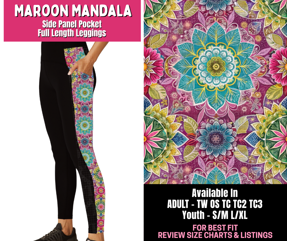 Preorder! Closes 1/1. ETA March. Maroon Mandala Side Panel Pocket Full Length Leggings