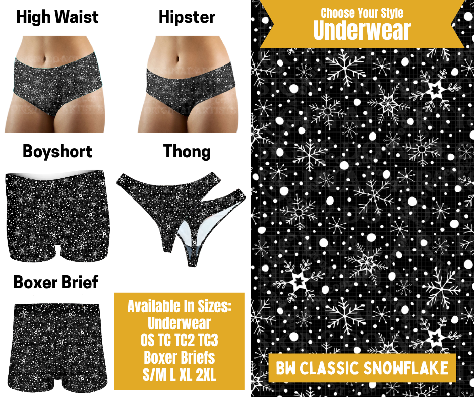 Preorder! Closes 10/28. ETA Jan. BW Classic Snowflake Hipster, High Waist, Boyshort, & Thong Underwear & Boxer Briefs