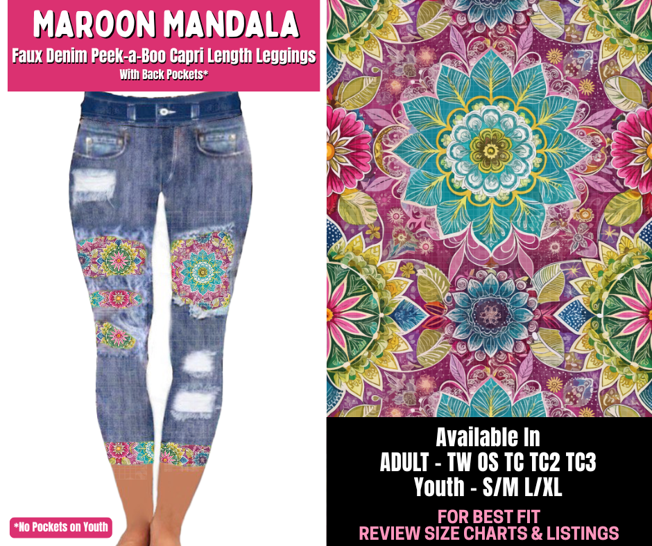 Preorder! Closes 1/1. ETA March. Maroon Mandala Capri Faux Denim Peekaboo