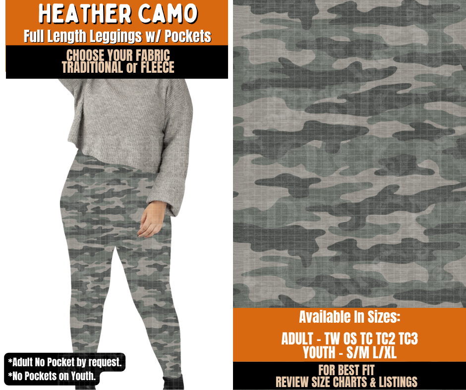 Preorder! Closes 11/2. ETA Feb. Heather Camo Leggings Choose Fleece or Traditional