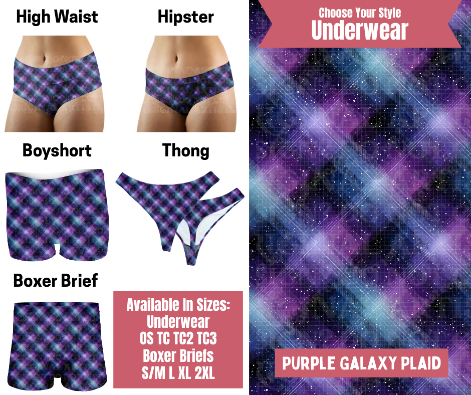 Preorder! Closes 9/29. ETA Dec. Purple Galaxy Plaid Hipster, High Waist, Boyshort, & Thong Underwear & Boxer Briefs