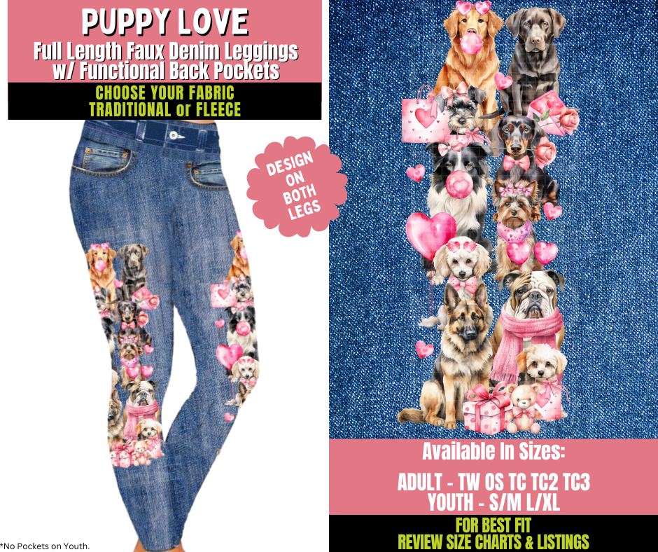 Preorder! Closes 11/20. ETA Jan. Puppy Love Faux Denim Leggings w/ Side Leg Designs Choose Fleece or Traditional
