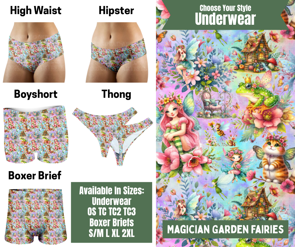 Preorder! Closes 11/24. ETA Jan. Magician Garden Fairies Hipster, High Waist, Boyshort, & Thong Underwear & Boxer Briefs