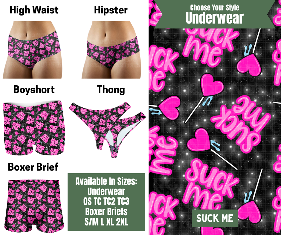 Preorder! Closes 11/24. ETA Jan. Suck Me Hipster, High Waist, Boyshort, & Thong Underwear & Boxer Briefs