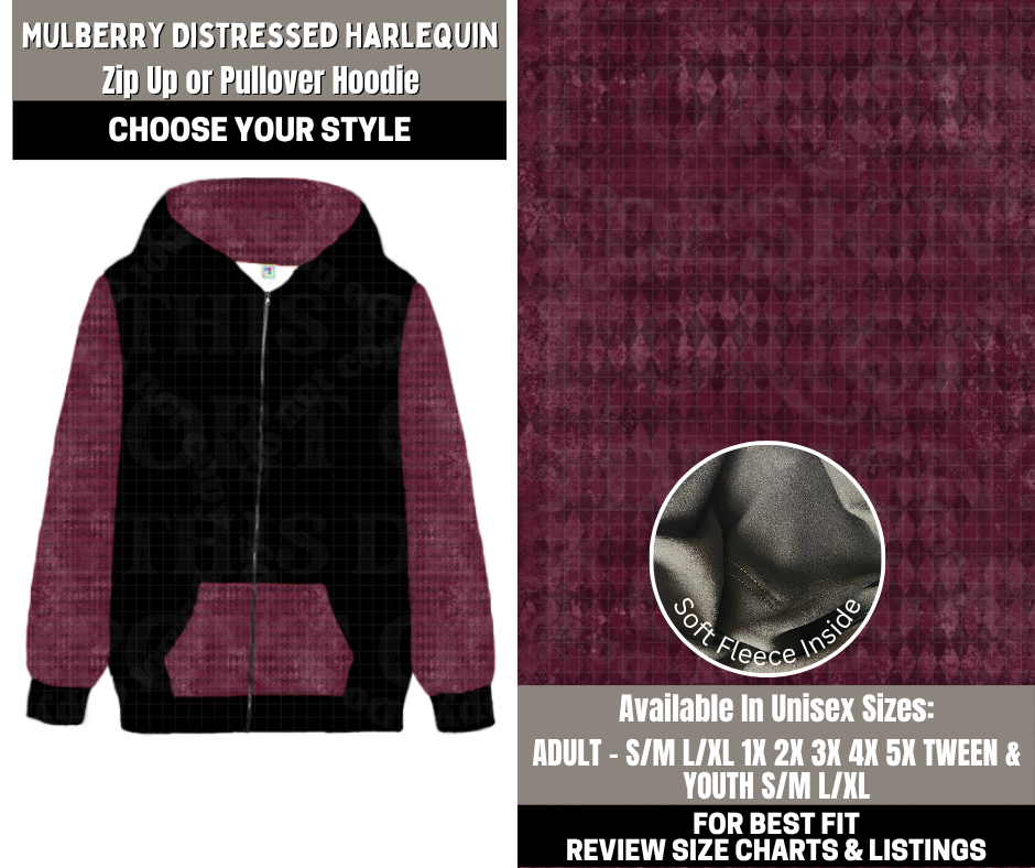 Preorder! Closes 12/1. ETA Feb. Mulberry Distressed Harlequin Zip-Up or Pullover Hoodie