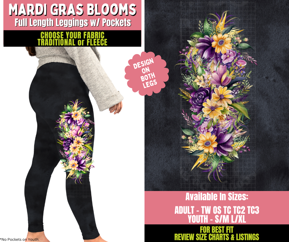 Preorder! Closes 11/20. ETA Jan. Mardi Gras Blooms Watercolor Leggings w/ Side Leg Designs Choose Fleece or Traditional