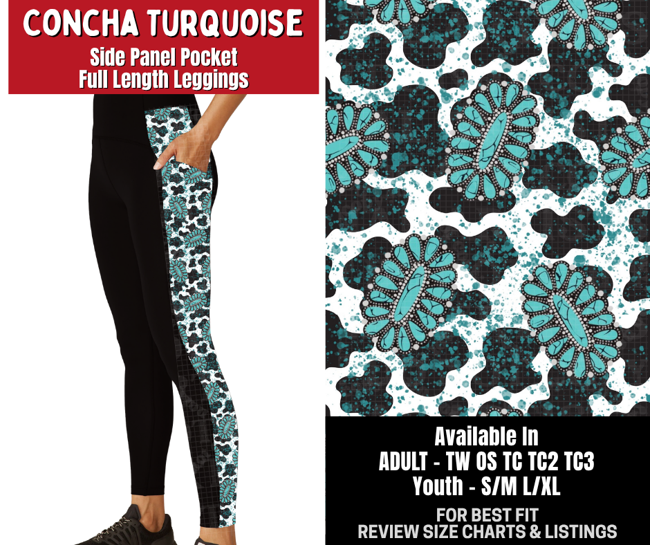 Preorder! Closes 10/26. ETA Jan. Concha Turquoise Side Panel Pocket Full Length Leggings
