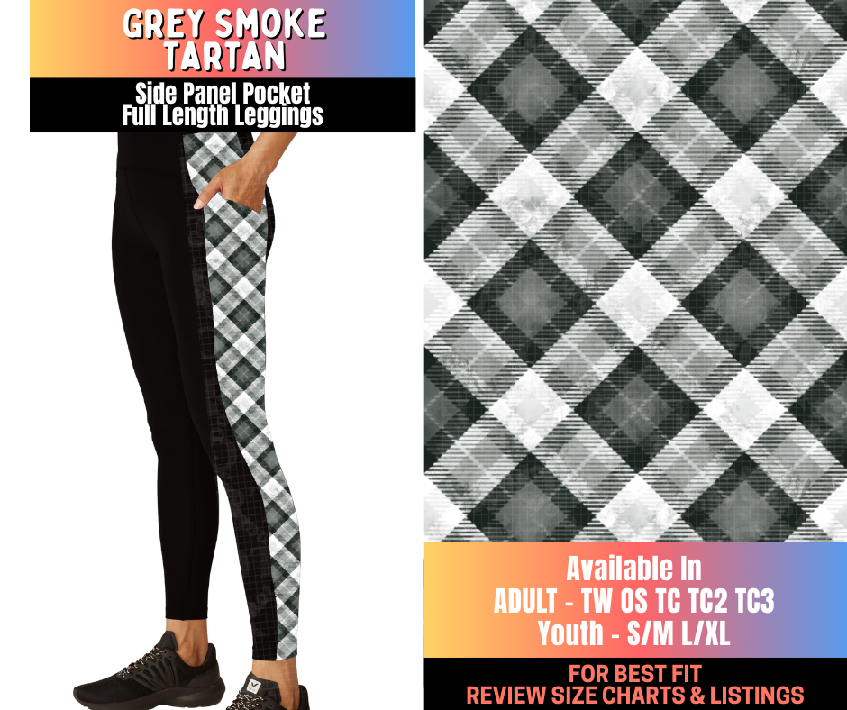 Preorder! Closes 10/16. ETA Jan. Grey Smoke Tartan Side Panel Pocket Full Length Leggings