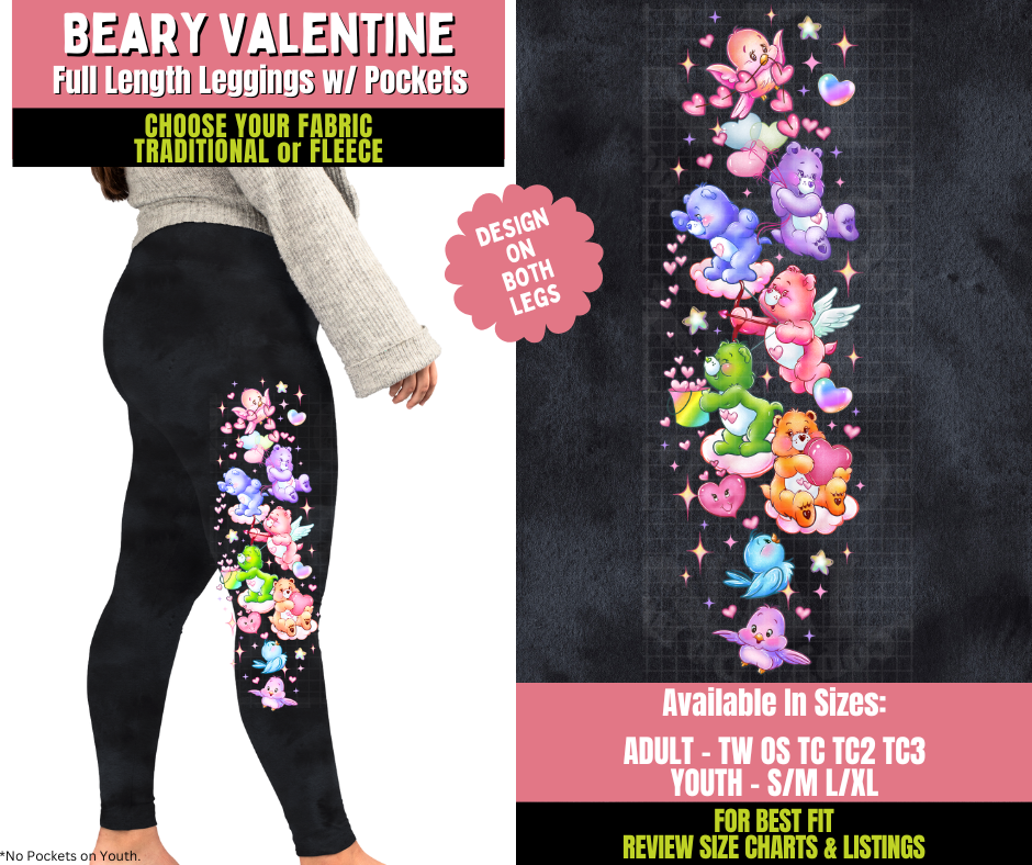 Preorder! Closes 11/20. ETA Jan. Beary Valentine Watercolor Leggings w/ Side Leg Designs Choose Fleece or Traditional