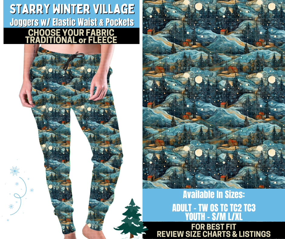 Preorder! Closes 8/28. ETA Nov. Starry Winter Village Joggers Choose Fleece or Traditional