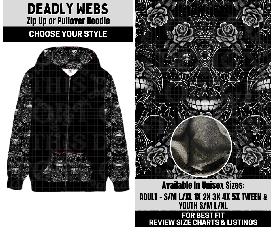 Preorder! Closes 10/6. ETA Dec. Deadly Webs Zip-Up or Pullover Hoodie