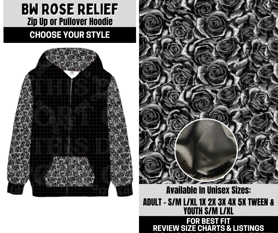 Preorder! Closes 10/6. ETA Dec. BW Rose Relief Zip-Up or Pullover Hoodie