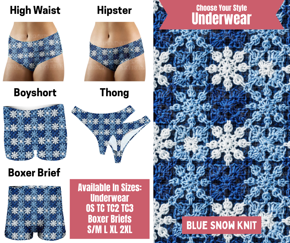 Preorder! Closes 9/29. ETA Dec. Blue Snow Knit Hipster, High Waist, Boyshort, & Thong Underwear & Boxer Briefs