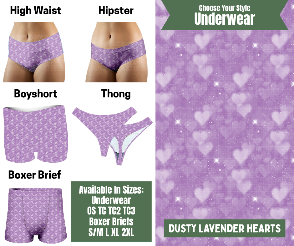 Preorder! Closes 11/24. ETA Jan. Dusty Lavender Hearts Hipster, High Waist, Boyshort, & Thong Underwear & Boxer Briefs
