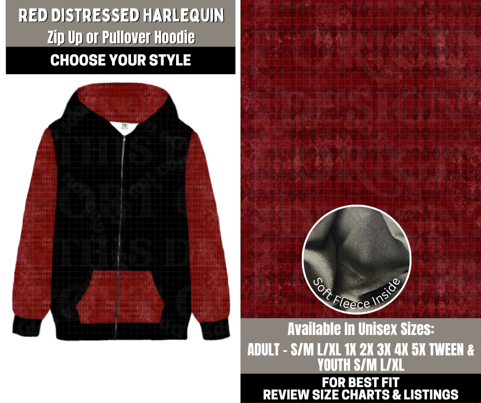 Preorder! Closes 12/1. ETA Feb. Red Distressed Harlequin Zip-Up or Pullover Hoodie